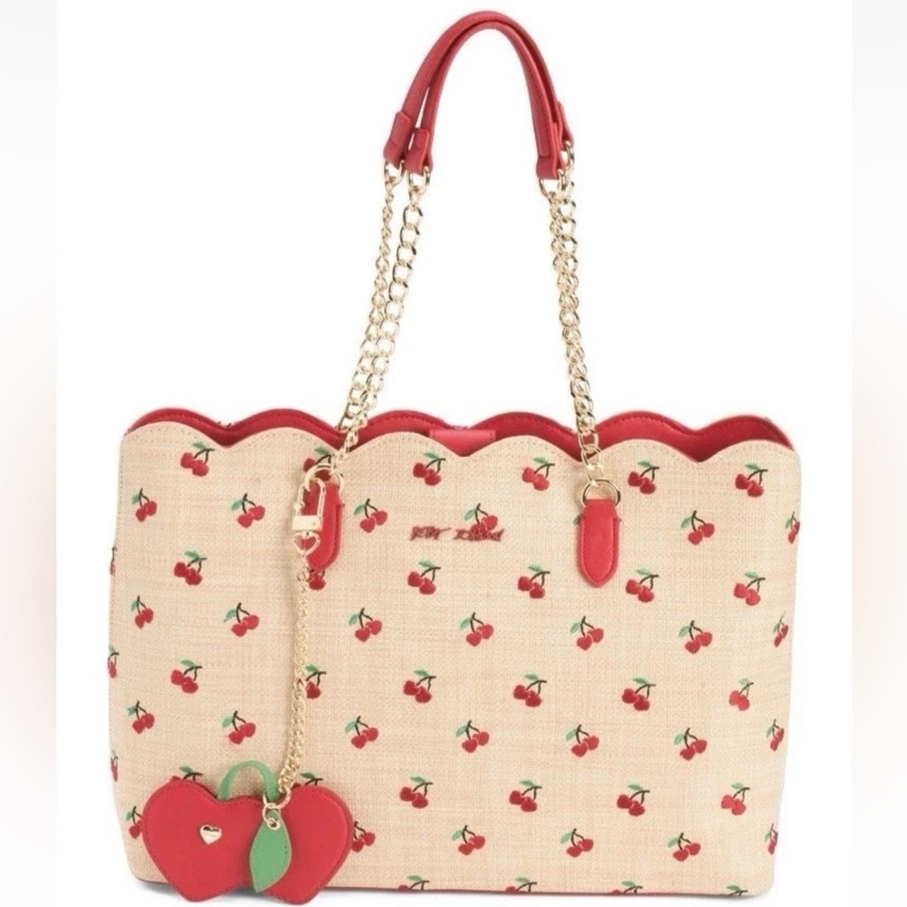 NWT-Betsey Johnson-Cherry🍒Embroidered-Large XO Tote-Woven Straw-Natural-$118 - Picture 14 of 16